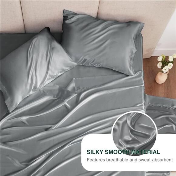 Love's cabin Satin Queen Sheets Set - 4 Piece Dark Grey Silky Satin Bed Sheets - Picture 4 of 7
